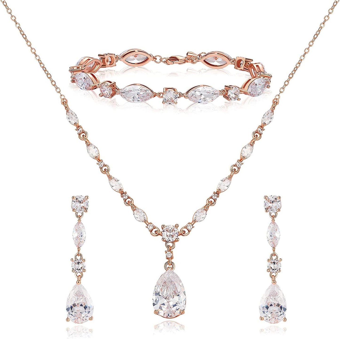 Bridal Jewelry Set for Wedding, Cubic Zirconia Necklace Dangle Drop Earrings Bracelet Set, Teardrop Marquise Brides Bridesmaids Wedding Prom Anniversary Jewelry Gifts for Women 02.Rose Gold