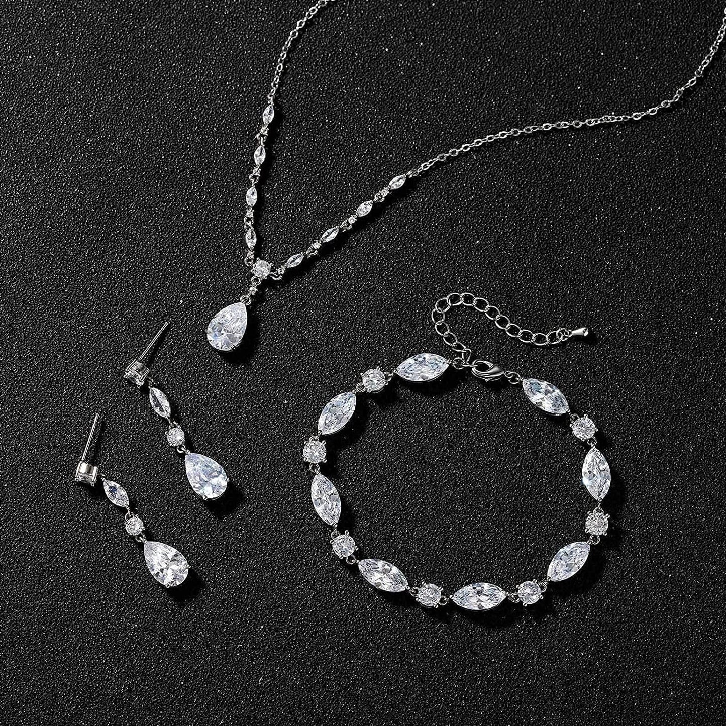 Bridal Jewelry Set for Wedding, Cubic Zirconia Necklace Dangle Drop Earrings Bracelet Set, Teardrop Marquise Brides Bridesmaids Wedding Prom Anniversary Jewelry Gifts for Women