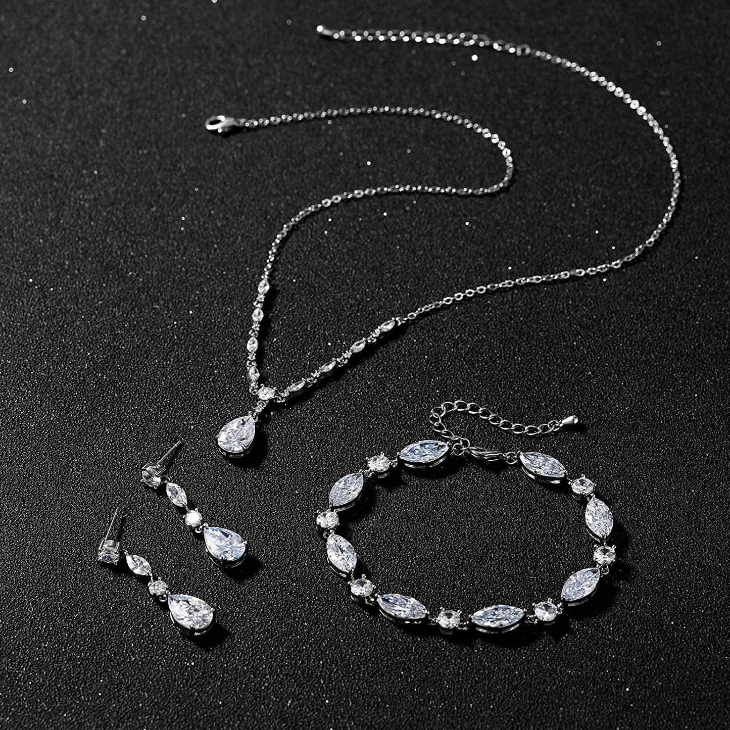 Bridal Jewelry Set for Wedding, Cubic Zirconia Necklace Dangle Drop Earrings Bracelet Set, Teardrop Marquise Brides Bridesmaids Wedding Prom Anniversary Jewelry Gifts for Women