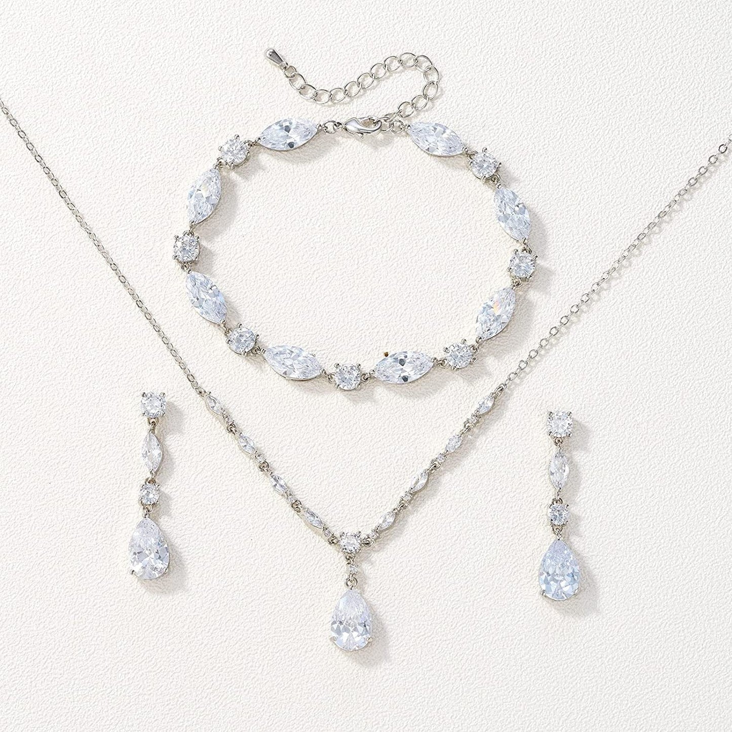 Bridal Jewelry Set for Wedding, Cubic Zirconia Necklace Dangle Drop Earrings Bracelet Set, Teardrop Marquise Brides Bridesmaids Wedding Prom Anniversary Jewelry Gifts for Women