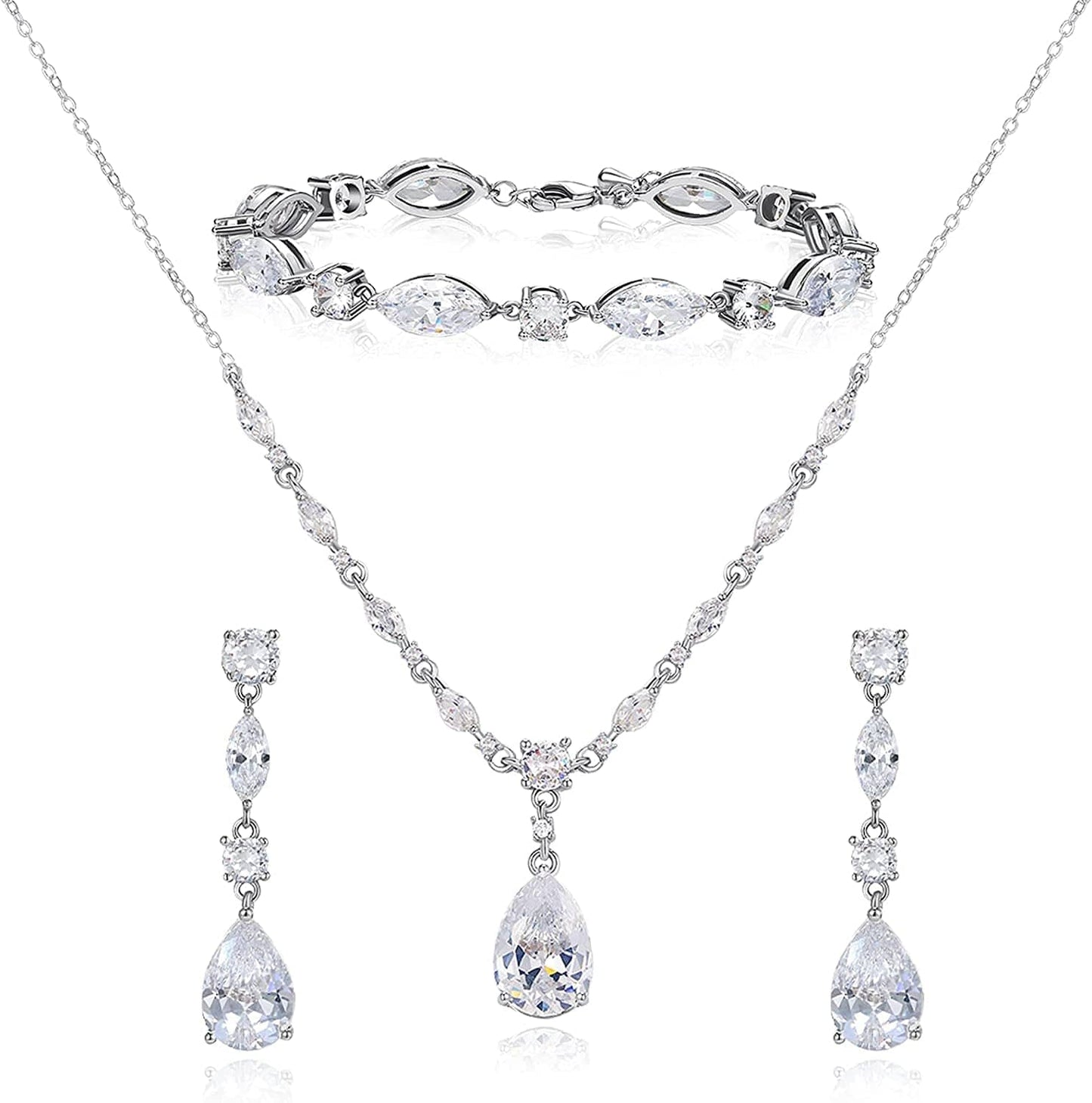 Bridal Jewelry Set for Wedding, Cubic Zirconia Necklace Dangle Drop Earrings Bracelet Set, Teardrop Marquise Brides Bridesmaids Wedding Prom Anniversary Jewelry Gifts for Women 01.Silver