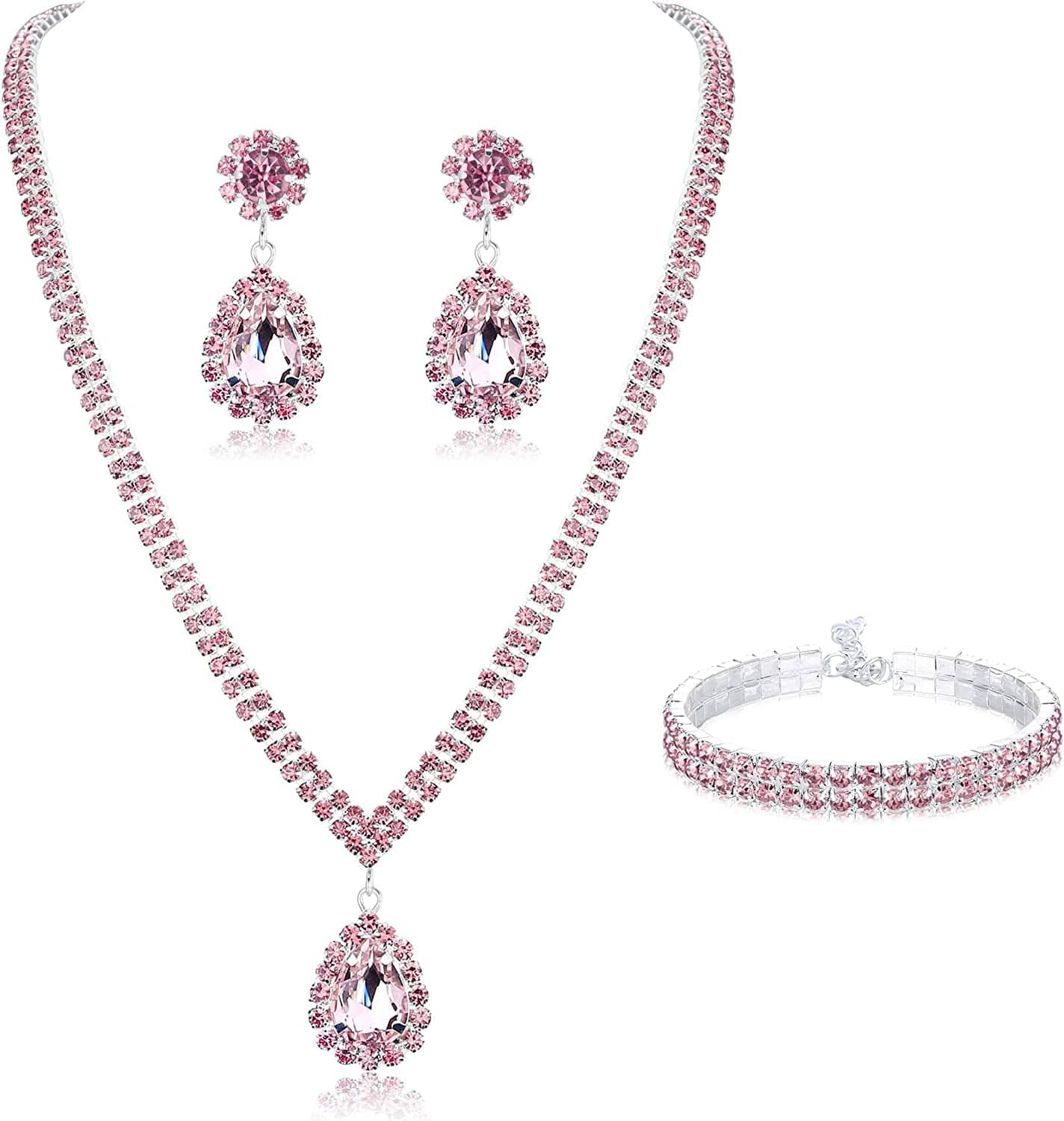 Bridal Jewelry Set for Wedding Simple Necklace Teardrop Dangle Earrings Bracelets Crystal Prom Bridal Bridesmaid Tennis Jewelry Set Pink