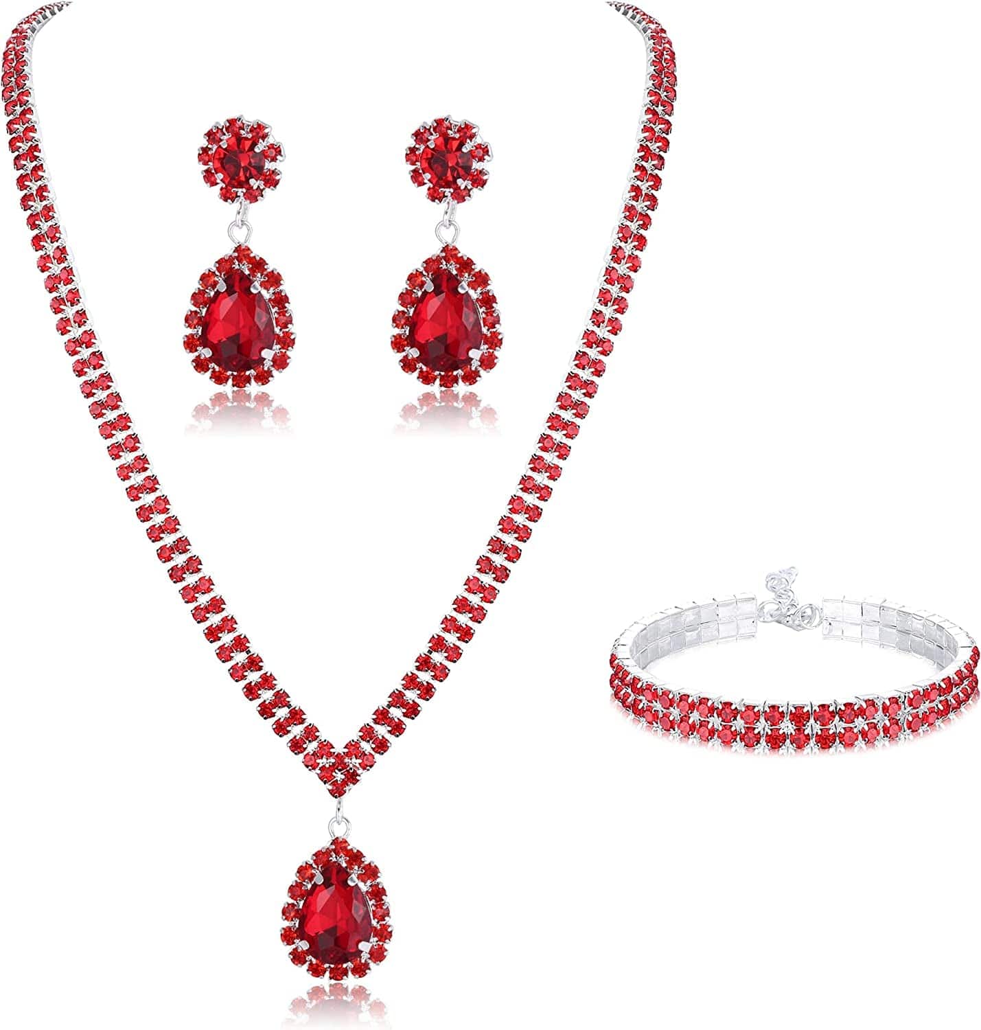Bridal Jewelry Set for Wedding Simple Necklace Teardrop Dangle Earrings Bracelets Crystal Prom Bridal Bridesmaid Tennis Jewelry Set Red