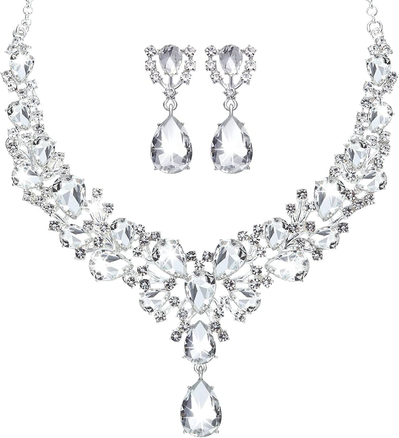 Bridal Teardrop Cluster Crystal Jewelry Set for Women Necklace Earrings Wedding Silver