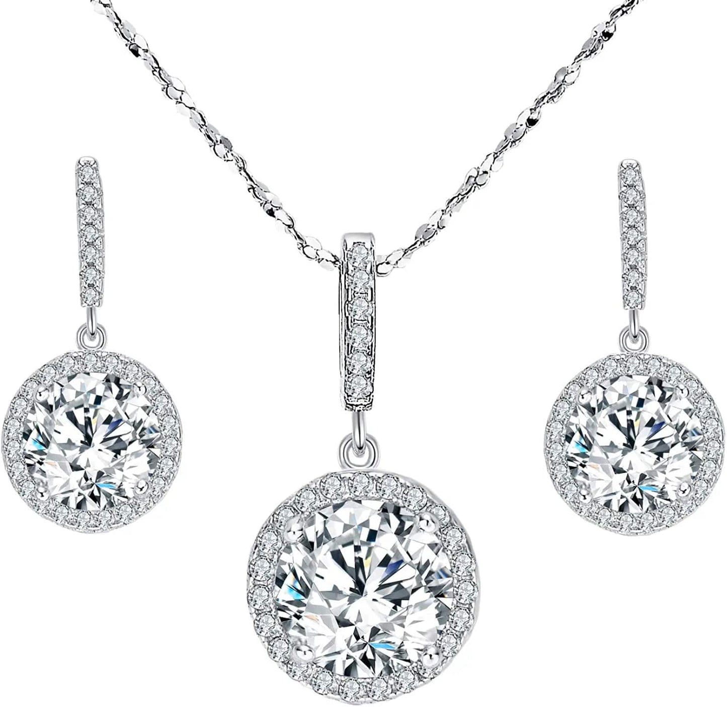 Bridal Wedding Jewelry Set, 925 Sterling Silver Sparkly White CZ Birthstone Hypoallergenic Engagement Necklace Earrings Set B-Clear