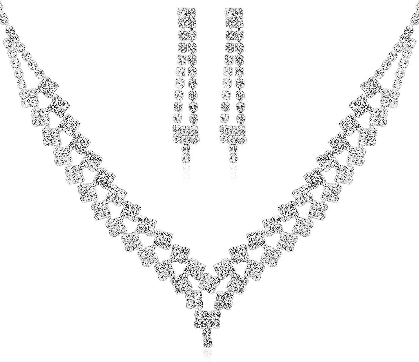 Bride Jewelry Set Silver Crystal Wedding Necklace Earrings Bridal Rhinestone Teardrop Pendant Accessories for Women and Bridesmaids (3 Piece Set - 2 Earrings and 1 Necklace) style 1286