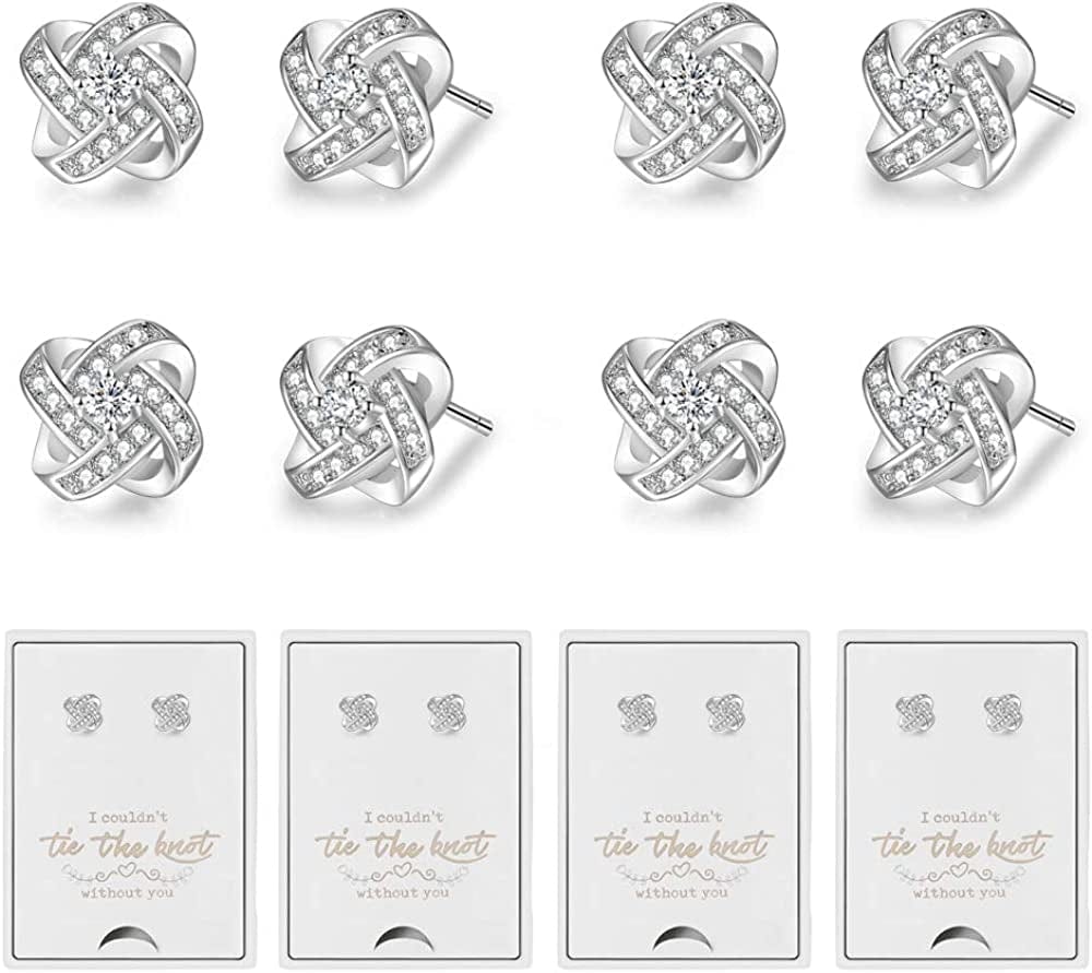 Bridesmaids Gift Set of 6 or 4 Stud Earrings Rose Gold Knot Bridesmaid Earring for Women I CouldnâT Tie a Knot without You Wedding Proposal Hypoallergenic Jewelry Bridesmaids earrings-s4