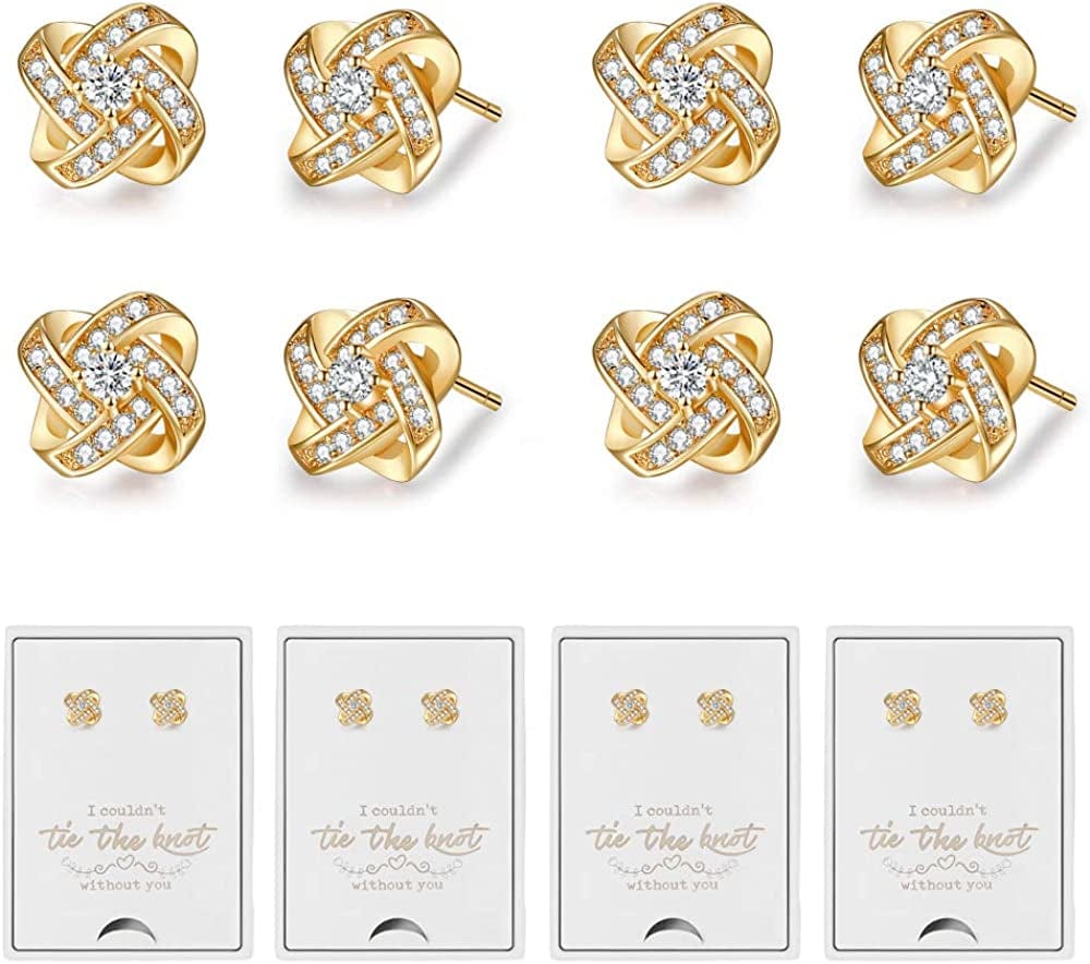 Bridesmaids Gift Set of 6 or 4 Stud Earrings Rose Gold Knot Bridesmaid Earring for Women I CouldnâT Tie a Knot without You Wedding Proposal Hypoallergenic Jewelry F-Bridesmaids earrings-g4