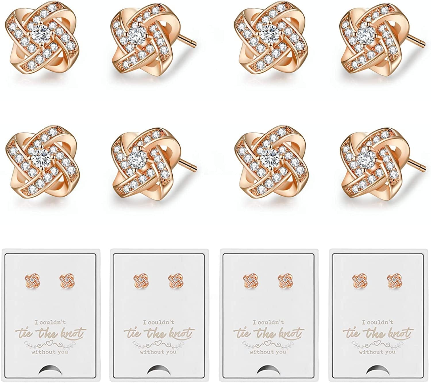 Bridesmaids Gift Set of 6 or 4 Stud Earrings Rose Gold Knot Bridesmaid Earring for Women I CouldnâT Tie a Knot without You Wedding Proposal Hypoallergenic Jewelry D-Bridesmaids earrings-R4