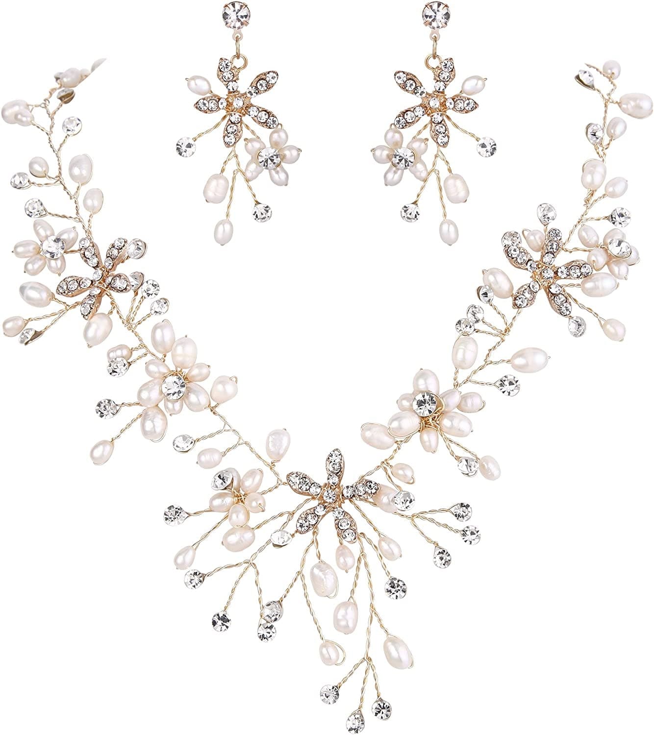Brilove Women'S Bohemian Boho Crystal Teardrop Freshwater Cultured Pearl Handmade Filigree Flower Choker Necklace Dangle Earrings Set Gold-Tone