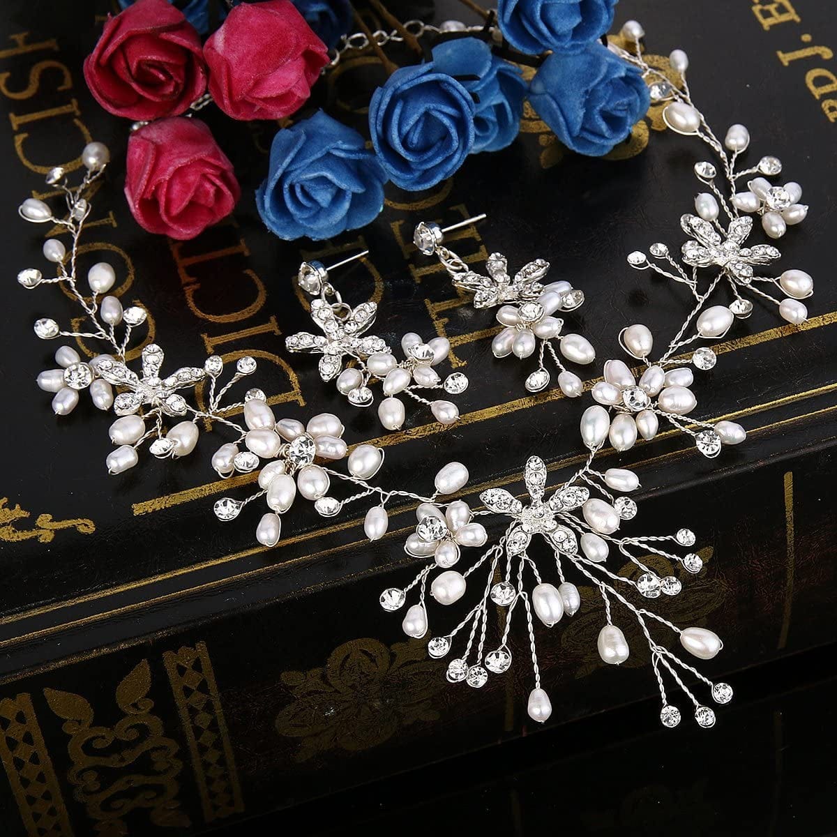 Brilove Women'S Bohemian Boho Crystal Teardrop Freshwater Cultured Pearl Handmade Filigree Flower Choker Necklace Dangle Earrings Set