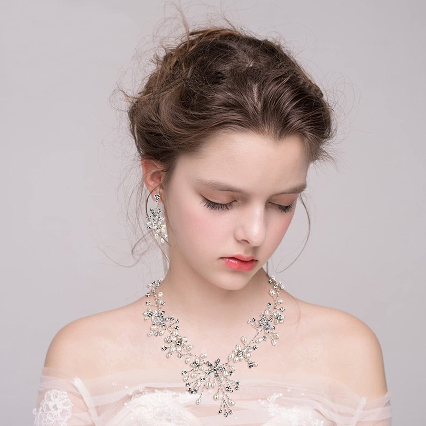 Brilove Women'S Bohemian Boho Crystal Teardrop Freshwater Cultured Pearl Handmade Filigree Flower Choker Necklace Dangle Earrings Set