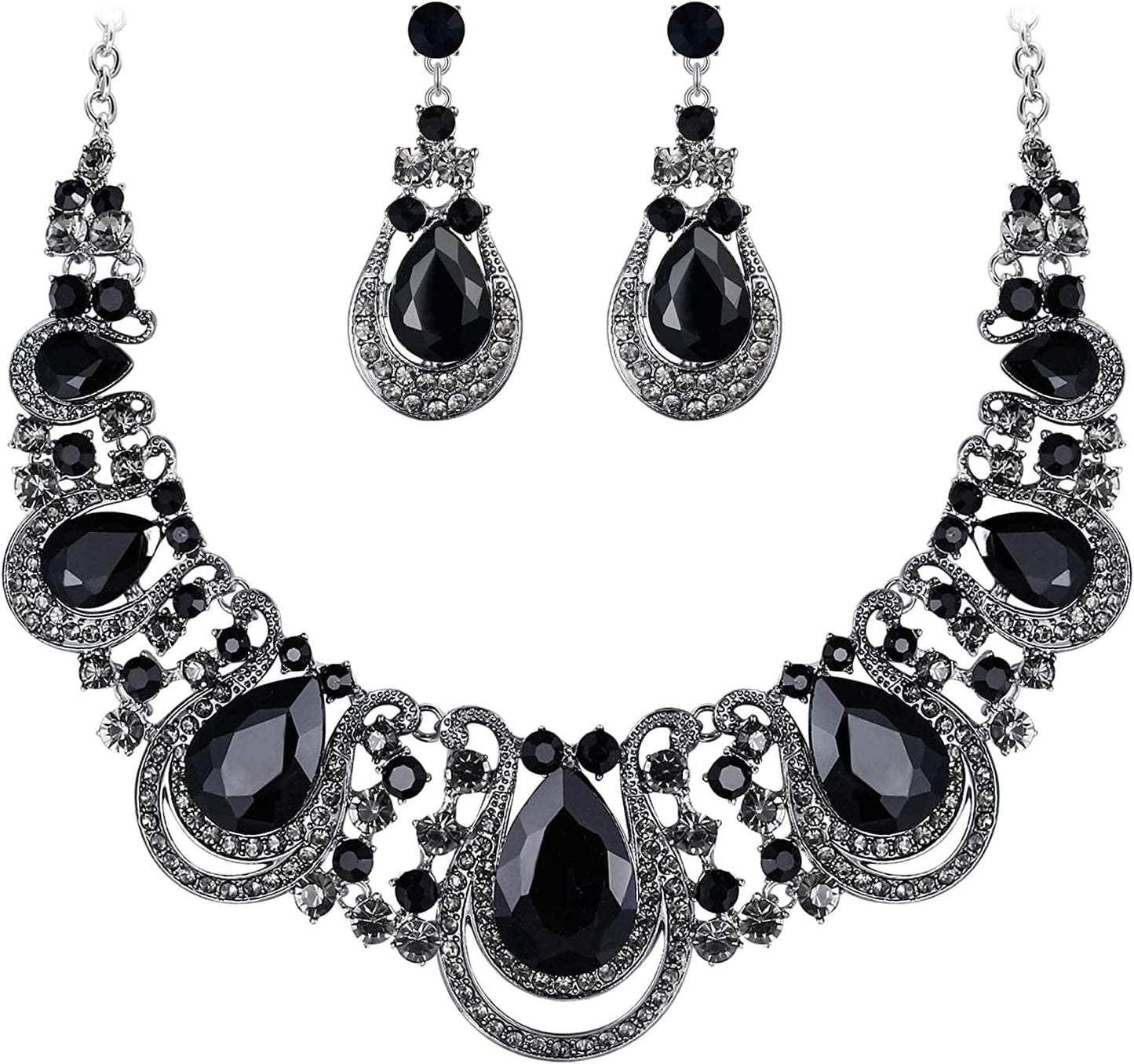 Brilove Women'S Costume Fashion Crystal Teardrop Hollow Scroll Statement Necklace Dangle Earrings Set 03-Black Silver-Tone