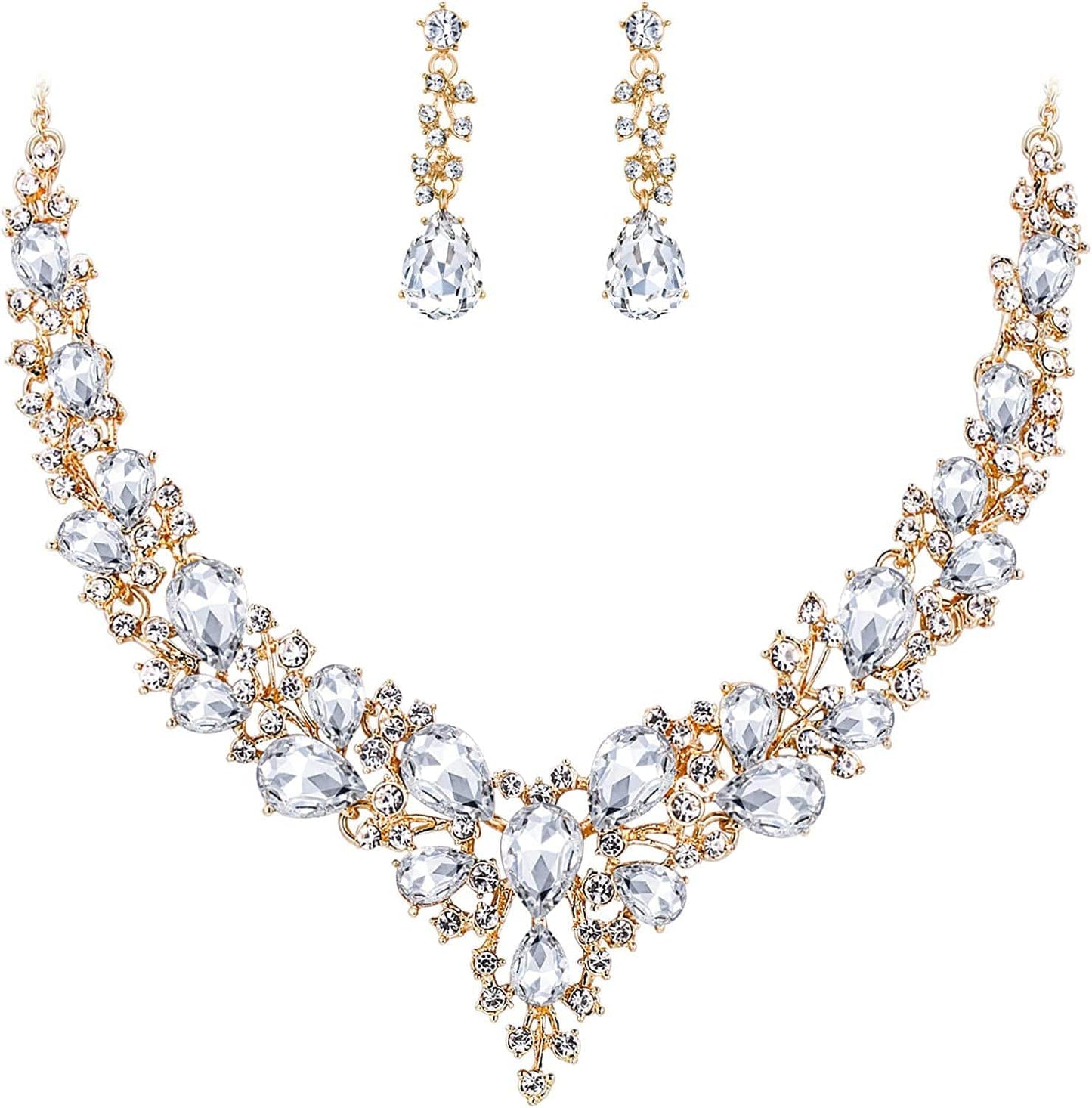 Brilove Women'S Wedding Bridal Austrian Crystal Teardrop Cluster Statement Necklace Dangle Earrings Jewelry Set 09-Clear Gold-Tone