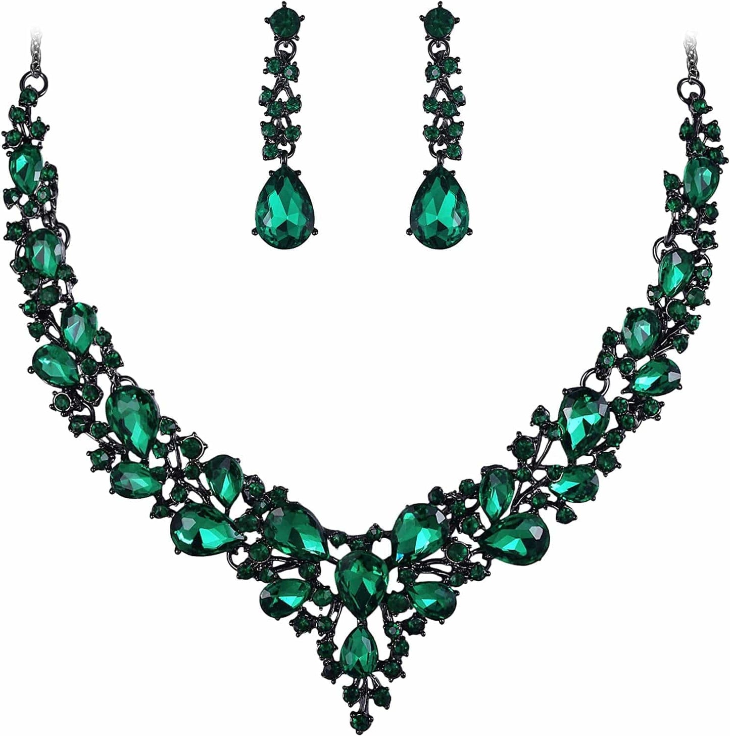 Brilove Women'S Wedding Bridal Austrian Crystal Teardrop Cluster Statement Necklace Dangle Earrings Jewelry Set 18-Emerald Color Black-Tone