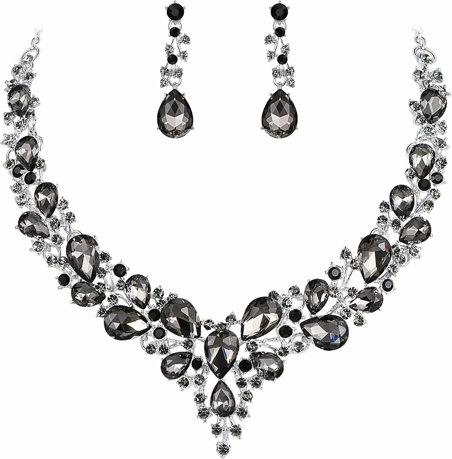 Brilove Women'S Wedding Bridal Austrian Crystal Teardrop Cluster Statement Necklace Dangle Earrings Jewelry Set 08-Grey Black Silver-Tone
