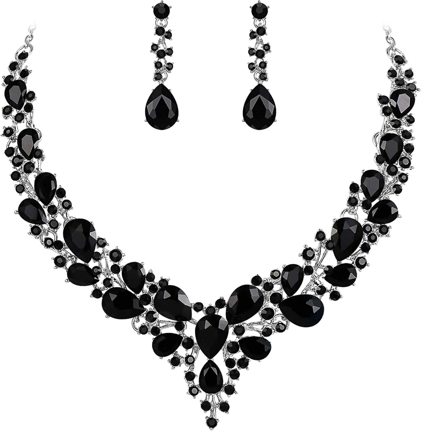 Brilove Women'S Wedding Bridal Austrian Crystal Teardrop Cluster Statement Necklace Dangle Earrings Jewelry Set 14-Black Silver-Tone