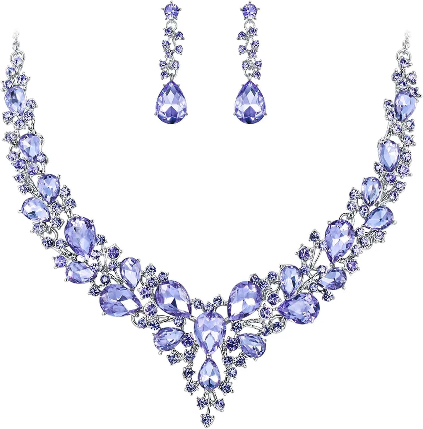 Brilove Women'S Wedding Bridal Austrian Crystal Teardrop Cluster Statement Necklace Dangle Earrings Jewelry Set 13-Light Purple Silver-Tone