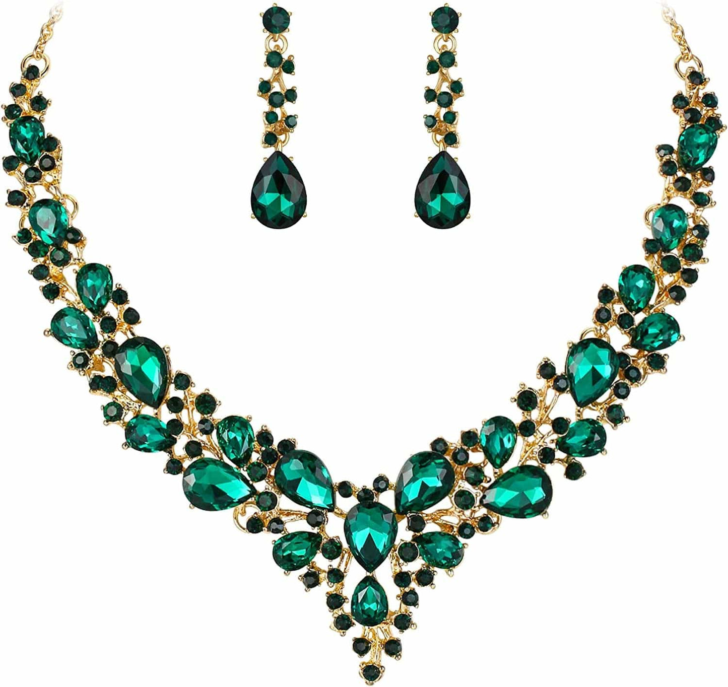 Brilove Women'S Wedding Bridal Austrian Crystal Teardrop Cluster Statement Necklace Dangle Earrings Jewelry Set Emerald Color Gold-Tone