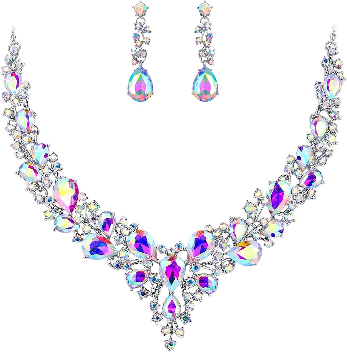 Brilove Women'S Wedding Bridal Austrian Crystal Teardrop Cluster Statement Necklace Dangle Earrings Jewelry Set 16-Iridescent AB Silver-Tone