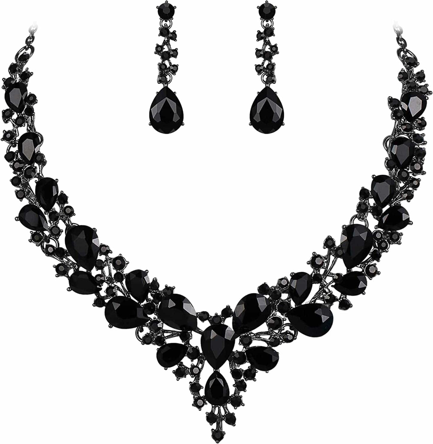 Brilove Women'S Wedding Bridal Austrian Crystal Teardrop Cluster Statement Necklace Dangle Earrings Jewelry Set 02-Black Black-Tone