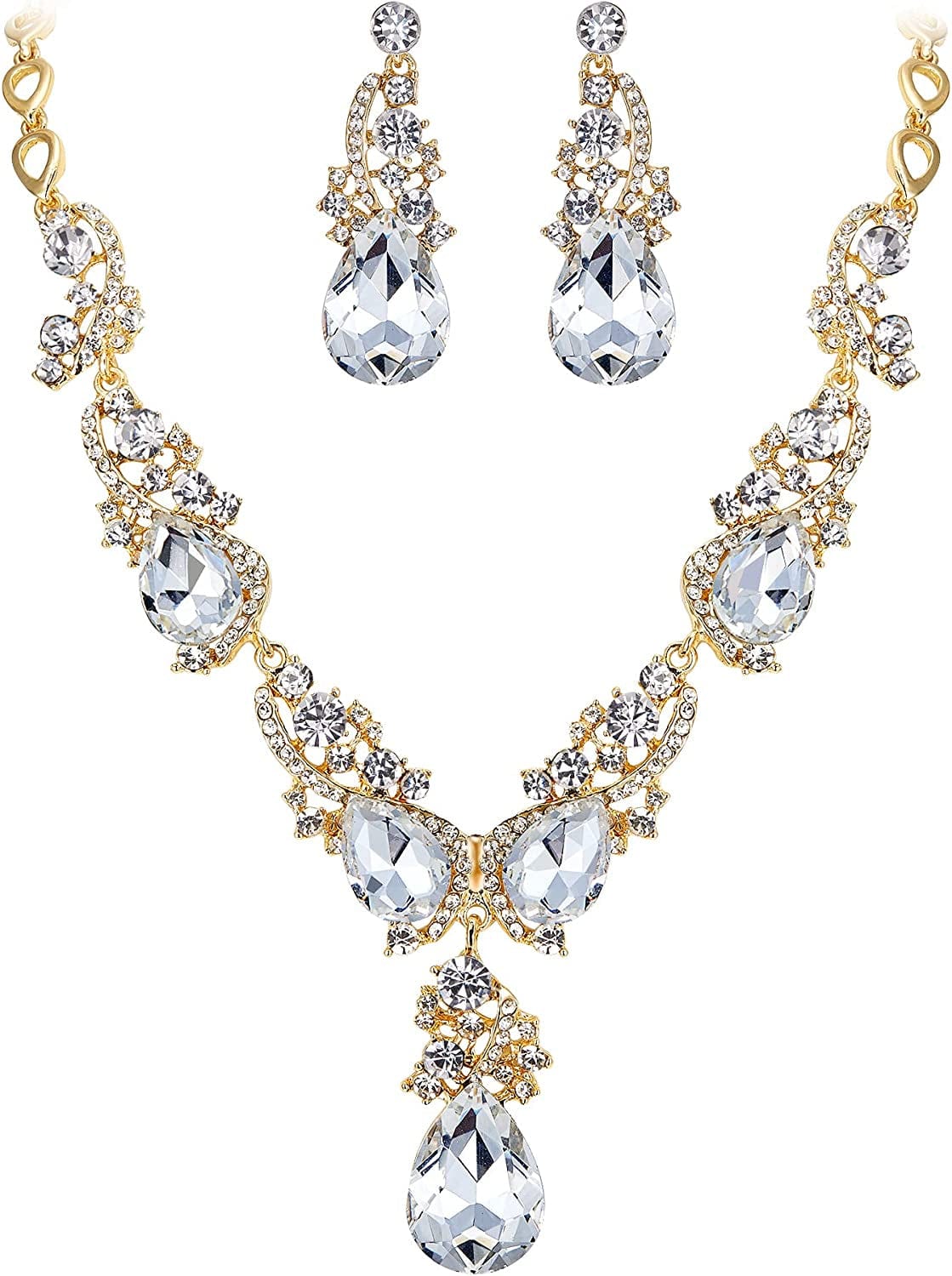 Brilove Women'S Wedding Bridal Crystal Multi Teardrop Cluster Statement Necklace Dangle Earrings Set Clear Gold-Tone