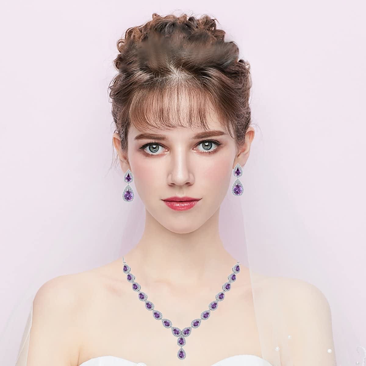 Brilove Women'S Wedding Bridal Teardrop CZ Infinity Figure 8 Y-Necklace Dangle Earrings Set Amethyst Color Silver-Tone