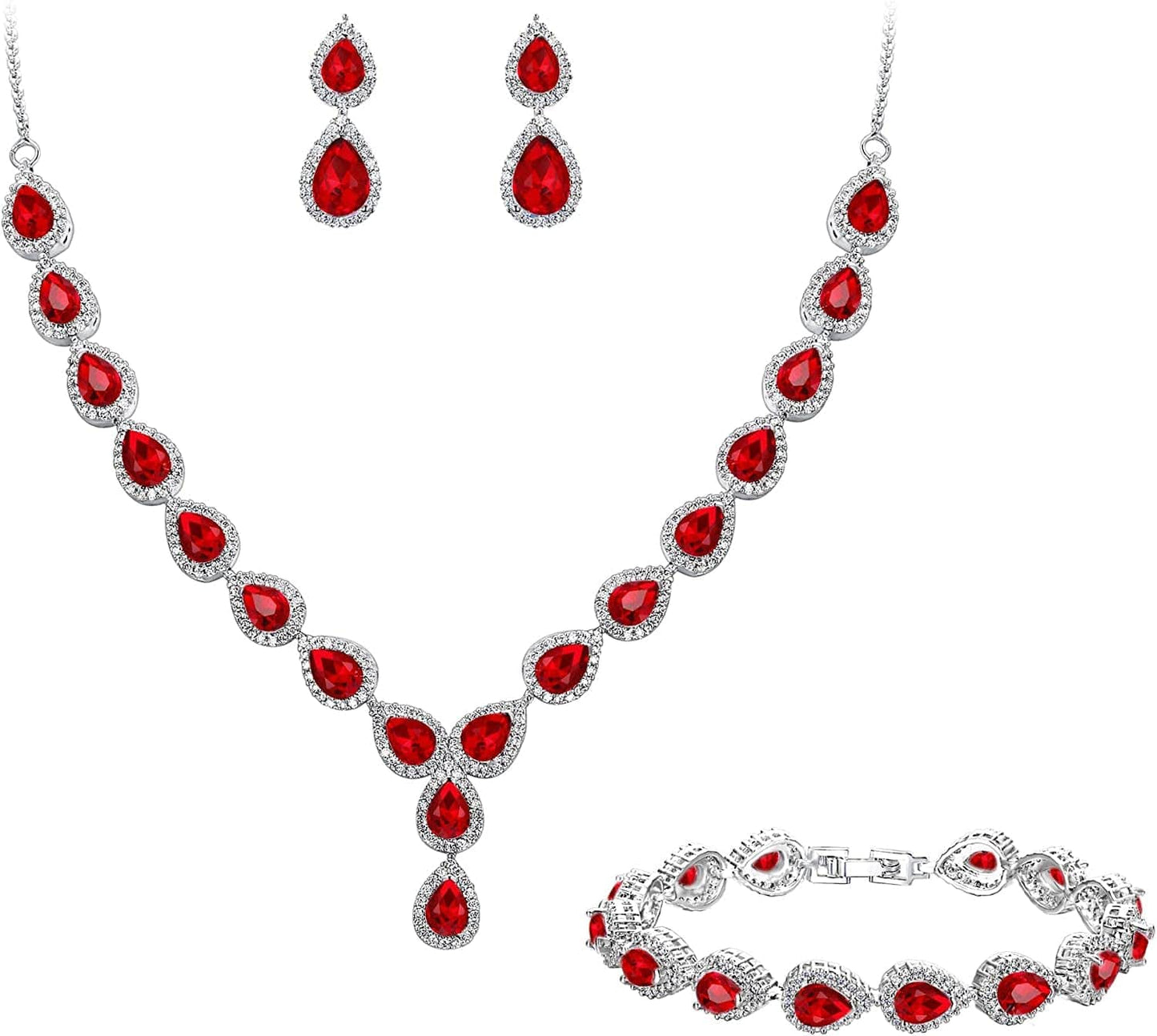 Brilove Women'S Wedding Bridal Teardrop CZ Infinity Figure 8 Y-Necklace Tennis Bracelet Dangle Earrings Set 04-Ruby Color
