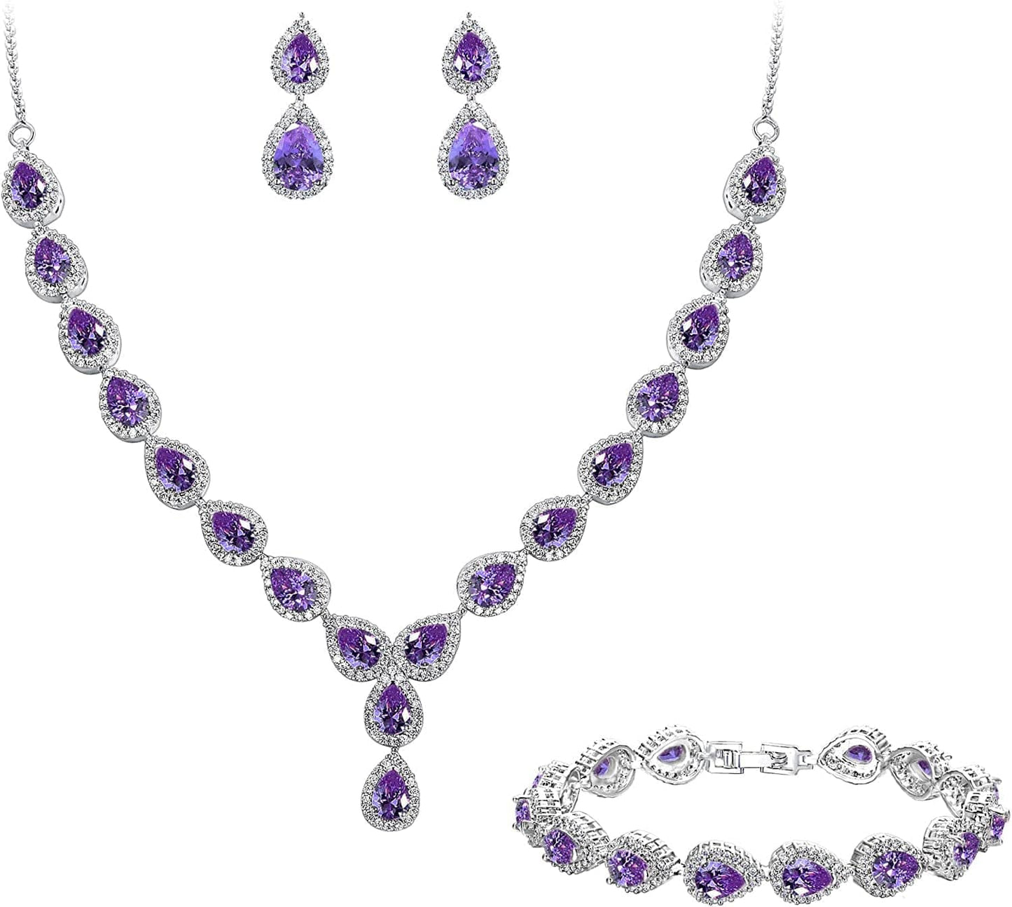 Brilove Women'S Wedding Bridal Teardrop CZ Infinity Figure 8 Y-Necklace Tennis Bracelet Dangle Earrings Set 05-Amethyst Color