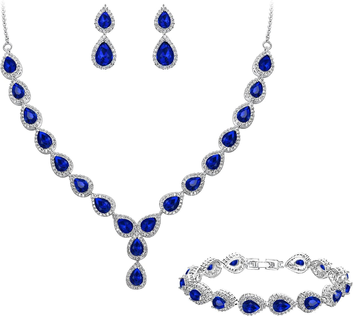 Brilove Women'S Wedding Bridal Teardrop CZ Infinity Figure 8 Y-Necklace Tennis Bracelet Dangle Earrings Set 02-Sapphire Color