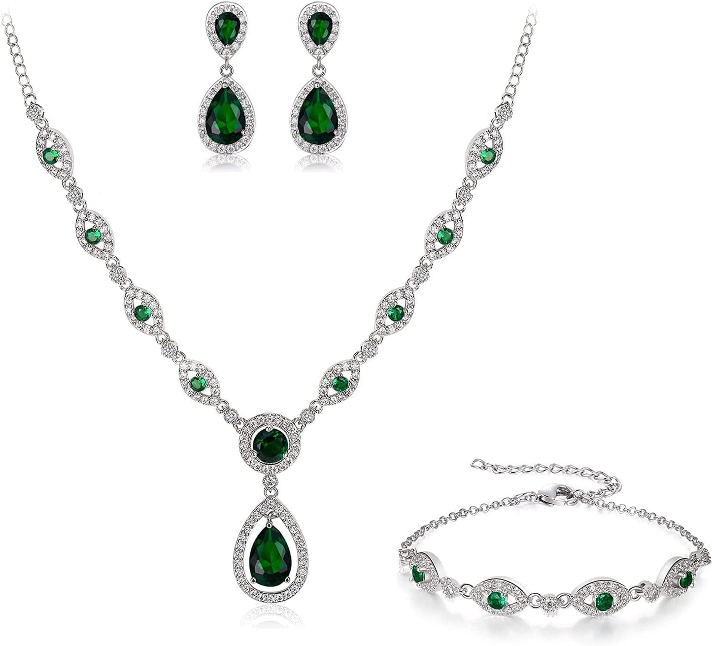 Brilove Women'S Wedding Bridal Teardrop CZ Infinity Figure 8 Y-Necklace Tennis Bracelet Dangle Earrings Set Emerald Color Silver-Tone