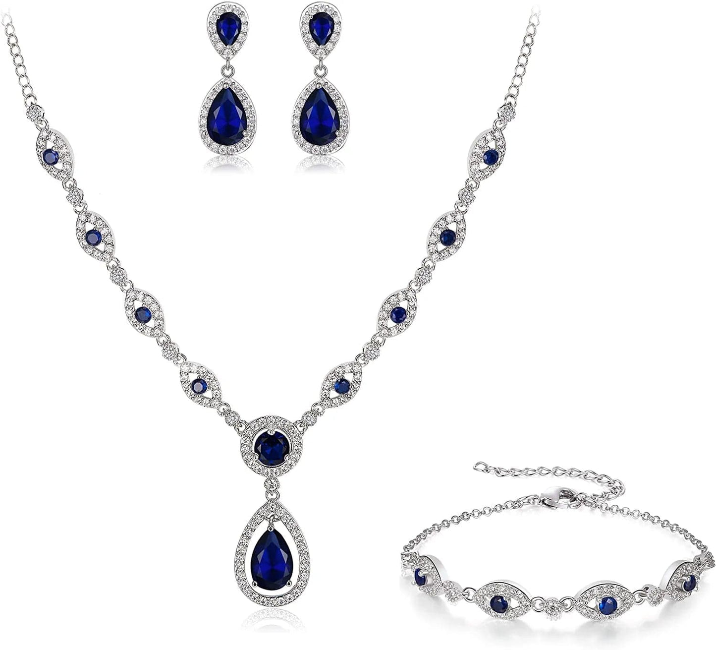 Brilove Women'S Wedding Bridal Teardrop CZ Infinity Figure 8 Y-Necklace Tennis Bracelet Dangle Earrings Set Sapphire Color Silver-Tone