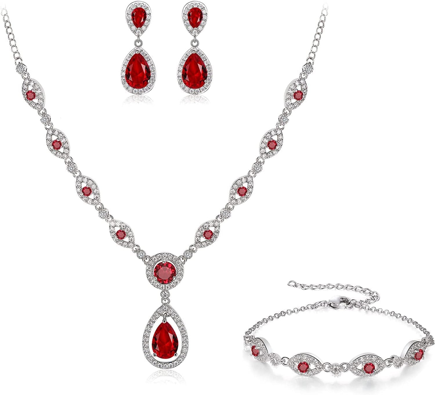 Brilove Women'S Wedding Bridal Teardrop CZ Infinity Figure 8 Y-Necklace Tennis Bracelet Dangle Earrings Set Ruby Color Silver-Tone