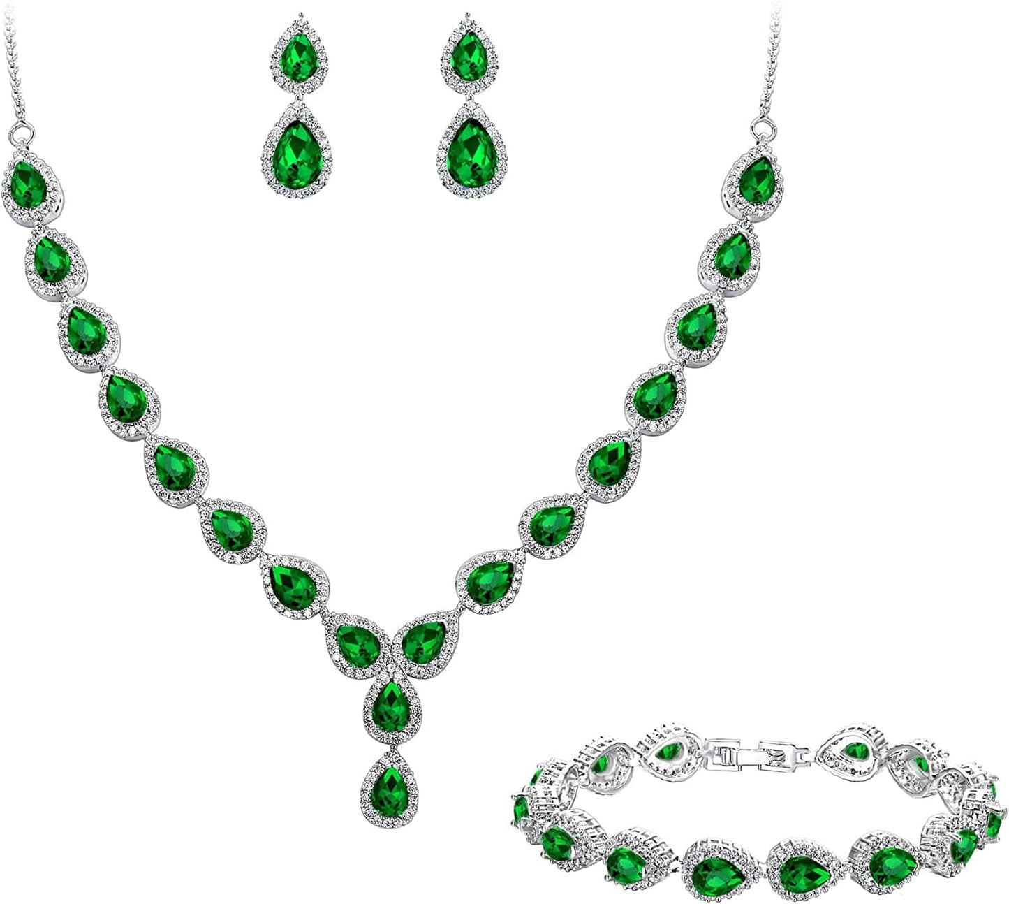 Brilove Women'S Wedding Bridal Teardrop CZ Infinity Figure 8 Y-Necklace Tennis Bracelet Dangle Earrings Set 03-Emerald Color