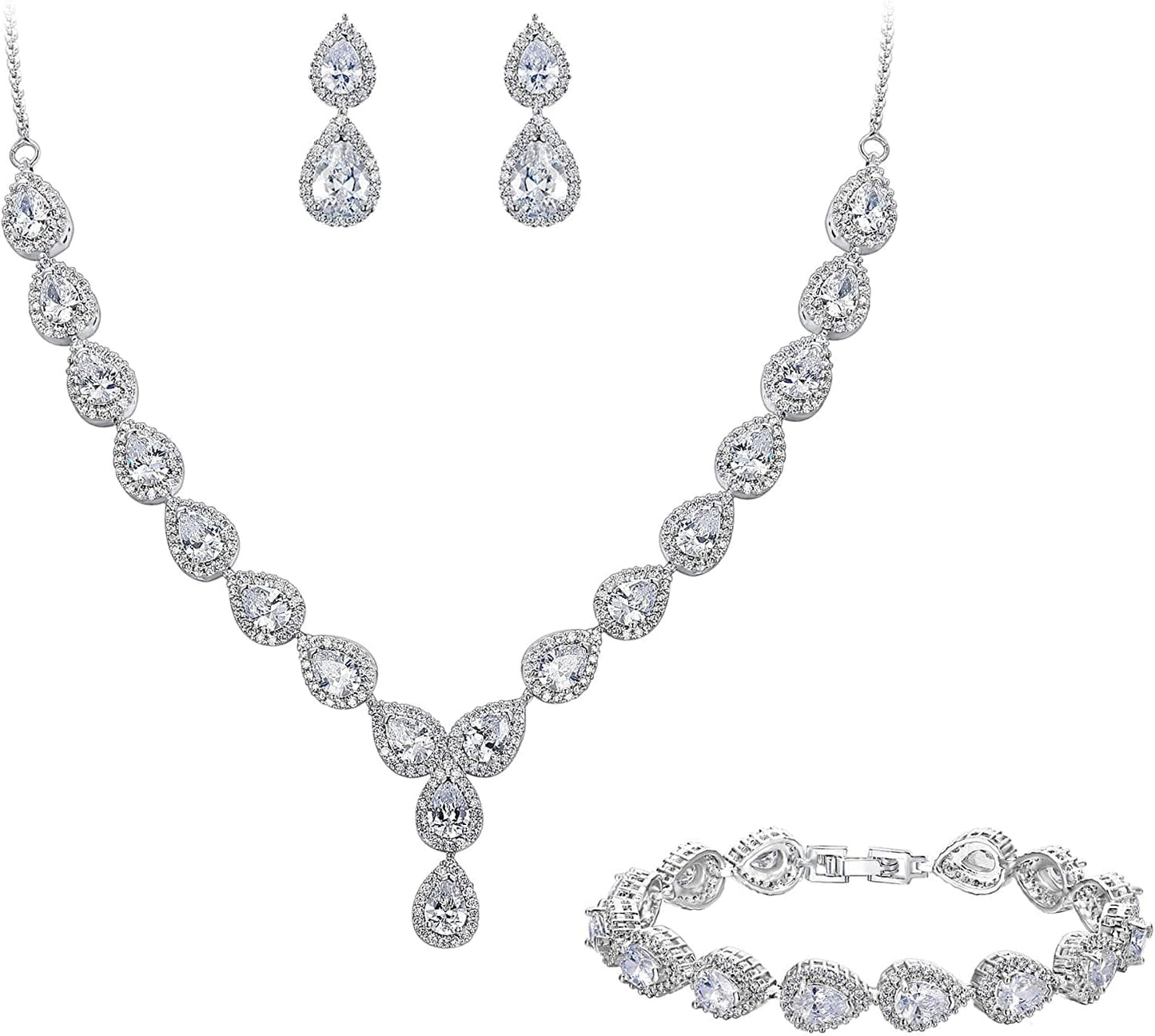 Brilove Women'S Wedding Bridal Teardrop CZ Infinity Figure 8 Y-Necklace Tennis Bracelet Dangle Earrings Set 01-Clear