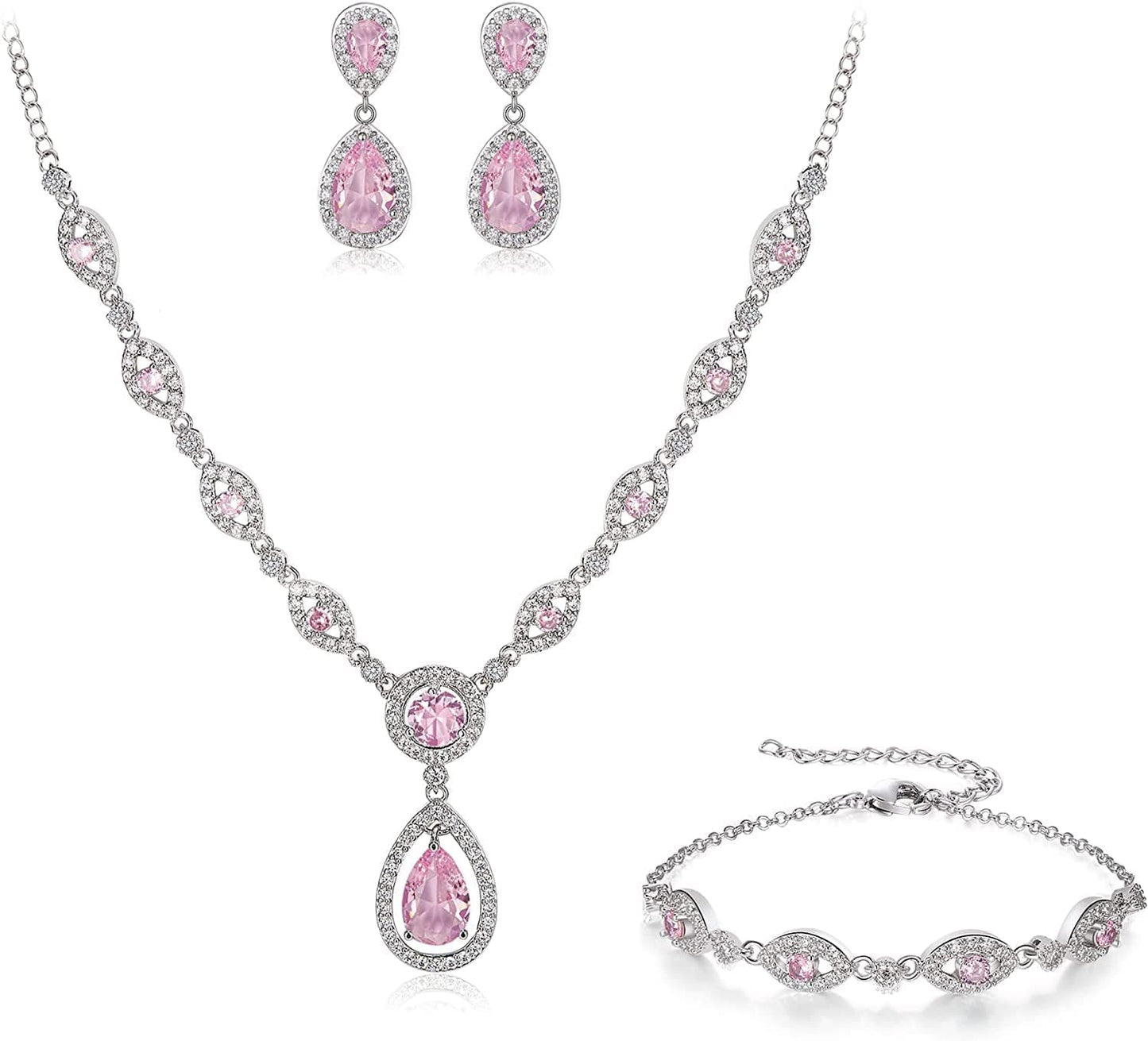 Brilove Women'S Wedding Bridal Teardrop CZ Infinity Figure 8 Y-Necklace Tennis Bracelet Dangle Earrings Set Pink Silver-Tone