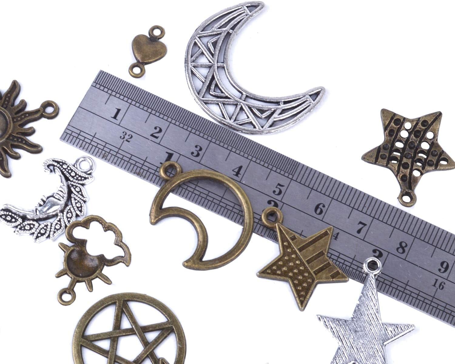 Bronagrand 100 Gram(Approx 73 Pieces) Mixed Sun Moon Star Charms Antique Celestial Charms Pendants for Bracelets, Necklaces, Crafts and Jewelry Making, Assorted Colors