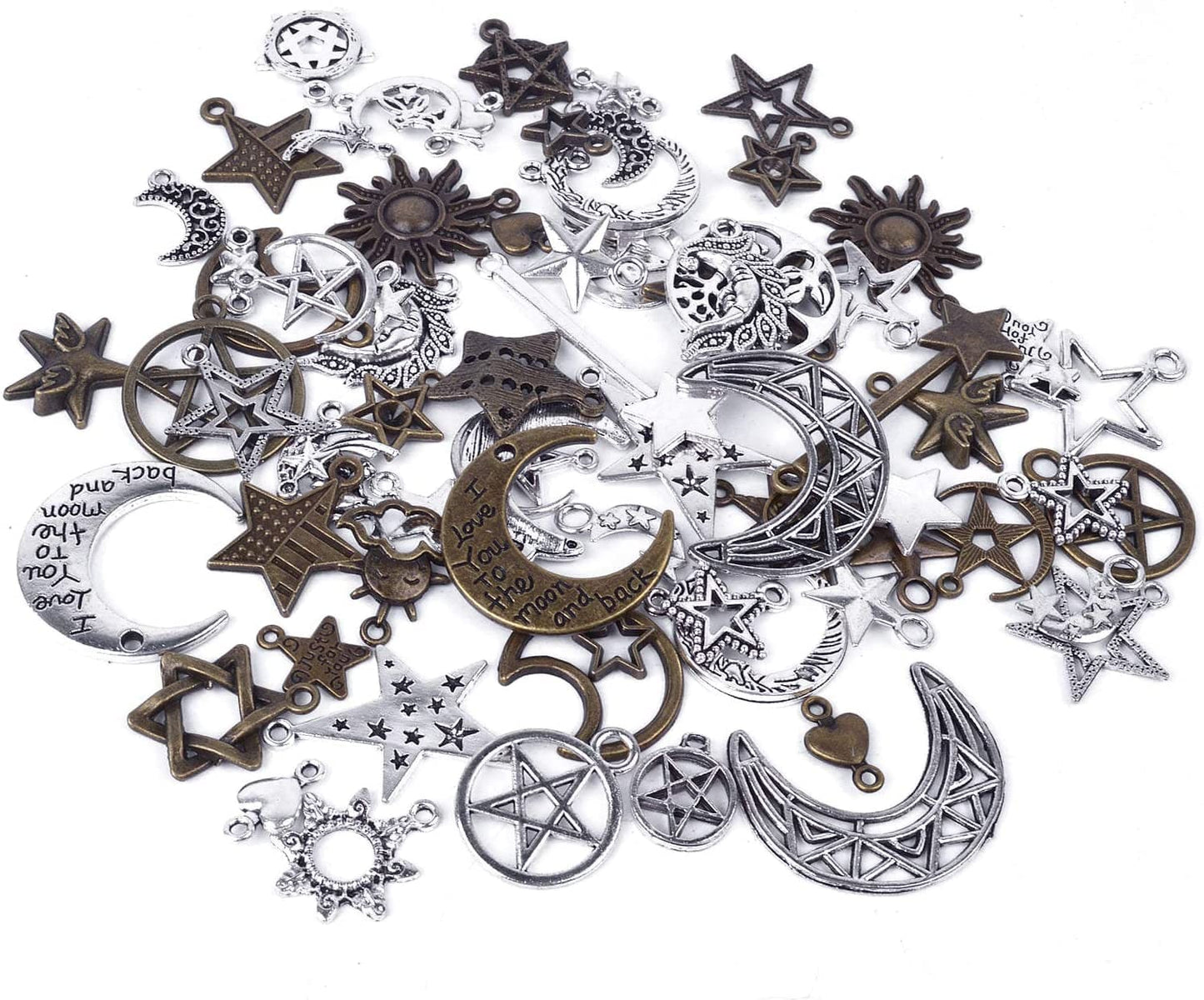 Bronagrand 100 Gram(Approx 73 Pieces) Mixed Sun Moon Star Charms Antique Celestial Charms Pendants for Bracelets, Necklaces, Crafts and Jewelry Making, Assorted Colors