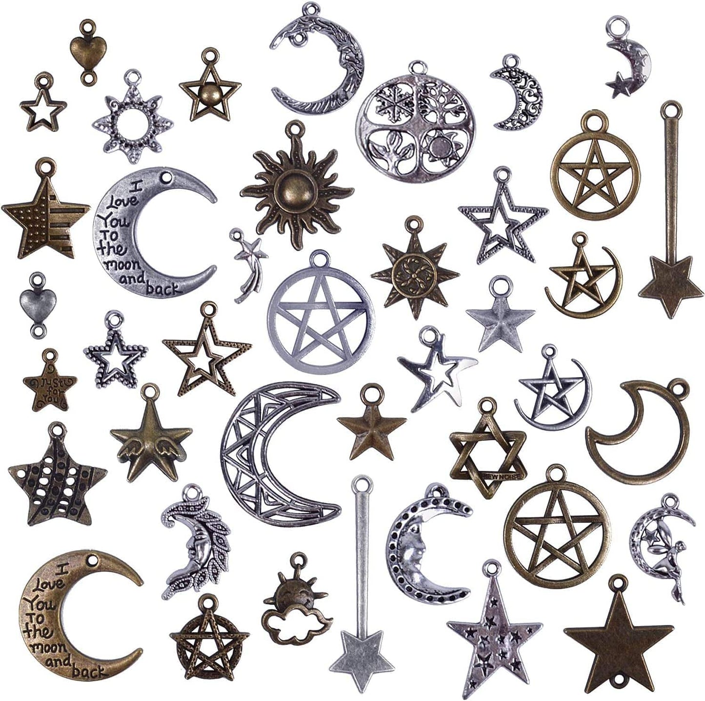 Bronagrand 100 Gram(Approx 73 Pieces) Mixed Sun Moon Star Charms Antique Celestial Charms Pendants for Bracelets, Necklaces, Crafts and Jewelry Making, Assorted Colors