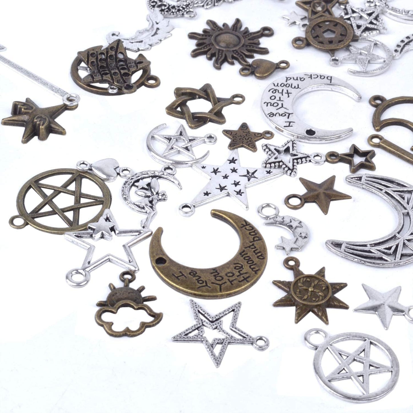 Bronagrand 100 Gram(Approx 73 Pieces) Mixed Sun Moon Star Charms Antique Celestial Charms Pendants for Bracelets, Necklaces, Crafts and Jewelry Making, Assorted Colors