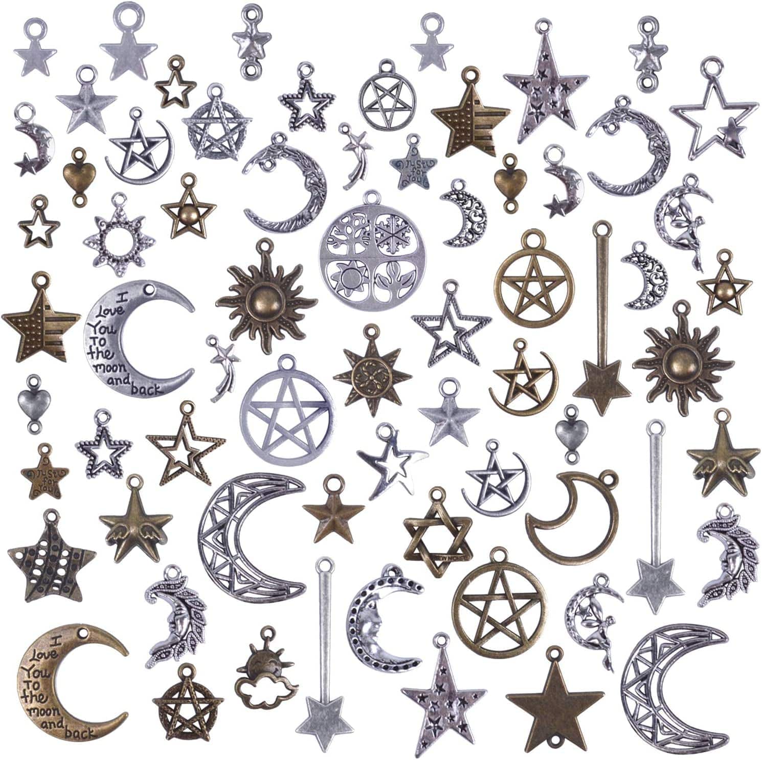 Bronagrand 100 Gram(Approx 73 Pieces) Mixed Sun Moon Star Charms Antique Celestial Charms Pendants for Bracelets, Necklaces, Crafts and Jewelry Making, Assorted Colors