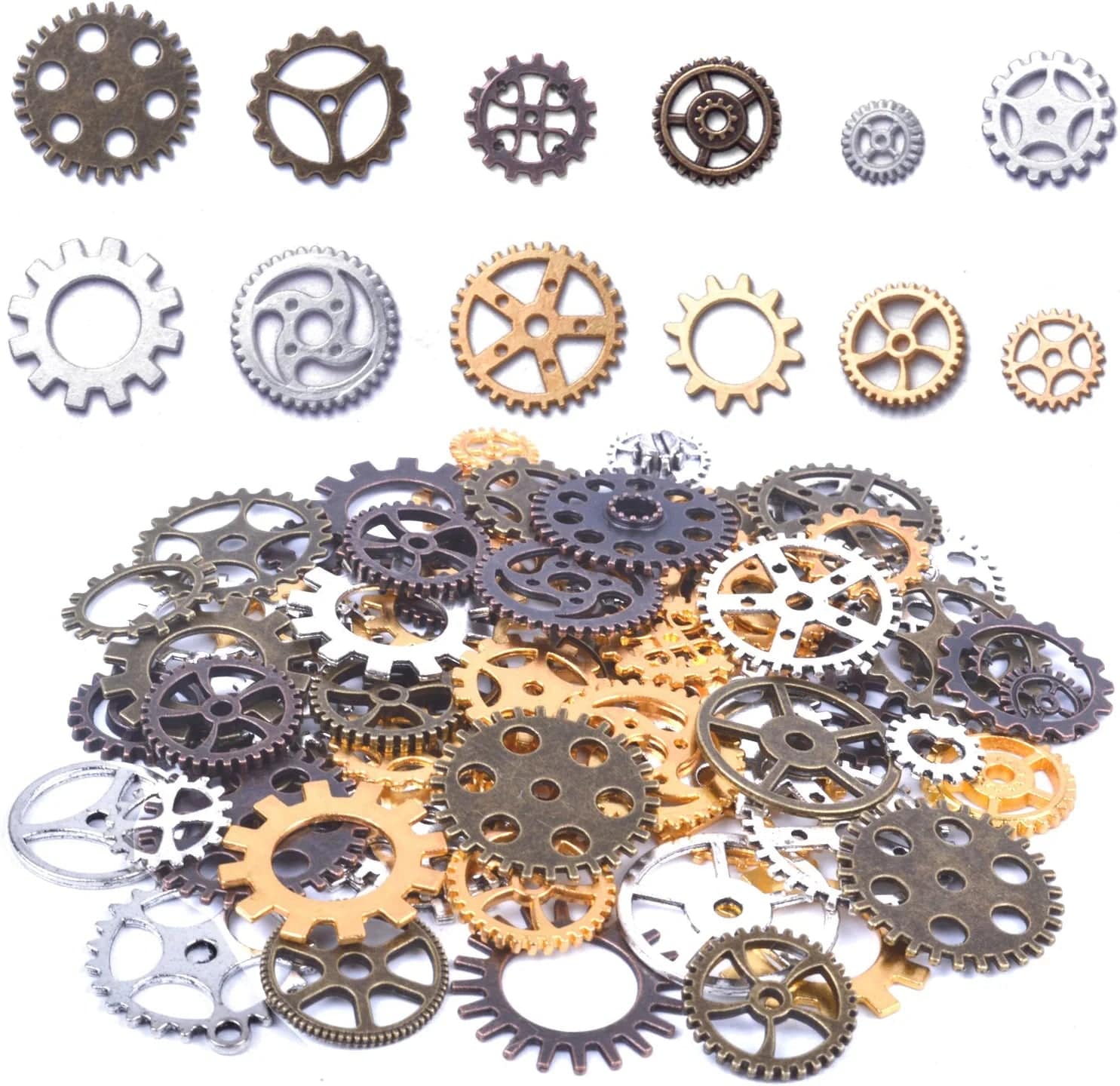 Bronagrand 125 Gram Antique Bronze Vintage Skeleton Keys Steampunk Gears Cogs Charms Pendant Clock Watch Wheel for Crafting, DIY Jewelry Mixed Color