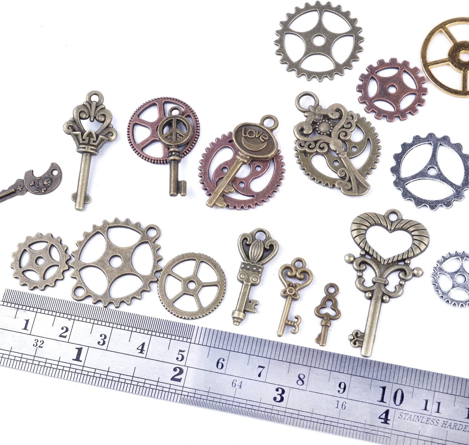 Bronagrand 125 Gram Antique Bronze Vintage Skeleton Keys Steampunk Gears Cogs Charms Pendant Clock Watch Wheel for Crafting, DIY Jewelry