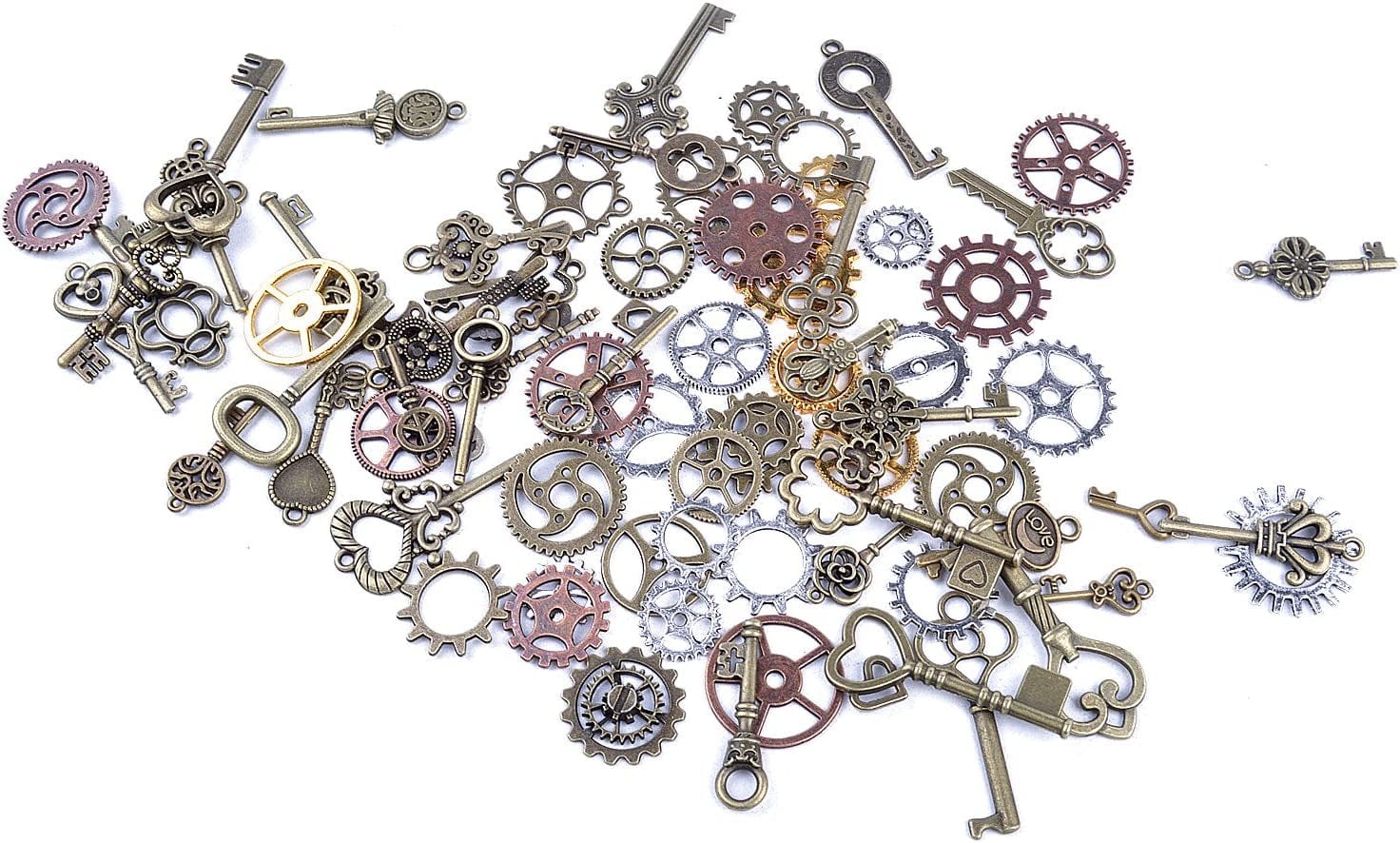 Bronagrand 125 Gram Antique Bronze Vintage Skeleton Keys Steampunk Gears Cogs Charms Pendant Clock Watch Wheel for Crafting, DIY Jewelry