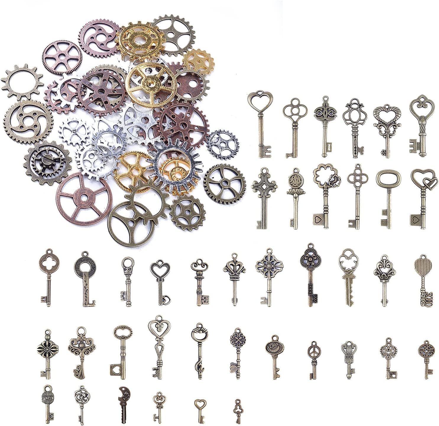 Bronagrand 125 Gram Antique Bronze Vintage Skeleton Keys Steampunk Gears Cogs Charms Pendant Clock Watch Wheel for Crafting, DIY Jewelry Mixed Colors
