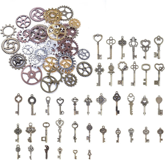 Bronagrand 125 Gram Antique Bronze Vintage Skeleton Keys Steampunk Gears Cogs Charms Pendant Clock Watch Wheel for Crafting, DIY Jewelry Mixed Colors