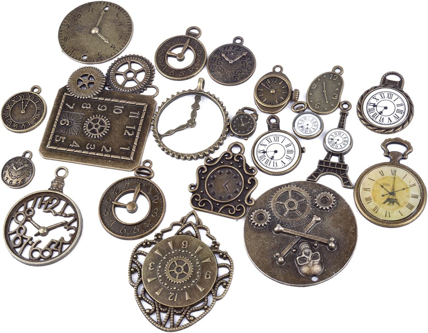Bronagrand 20Pcs Mixed Antiqued Bronze Charms Clock Face Charm Pendant, DIY Crafts, Gears, Jewelry Making, Steampunk Pendants