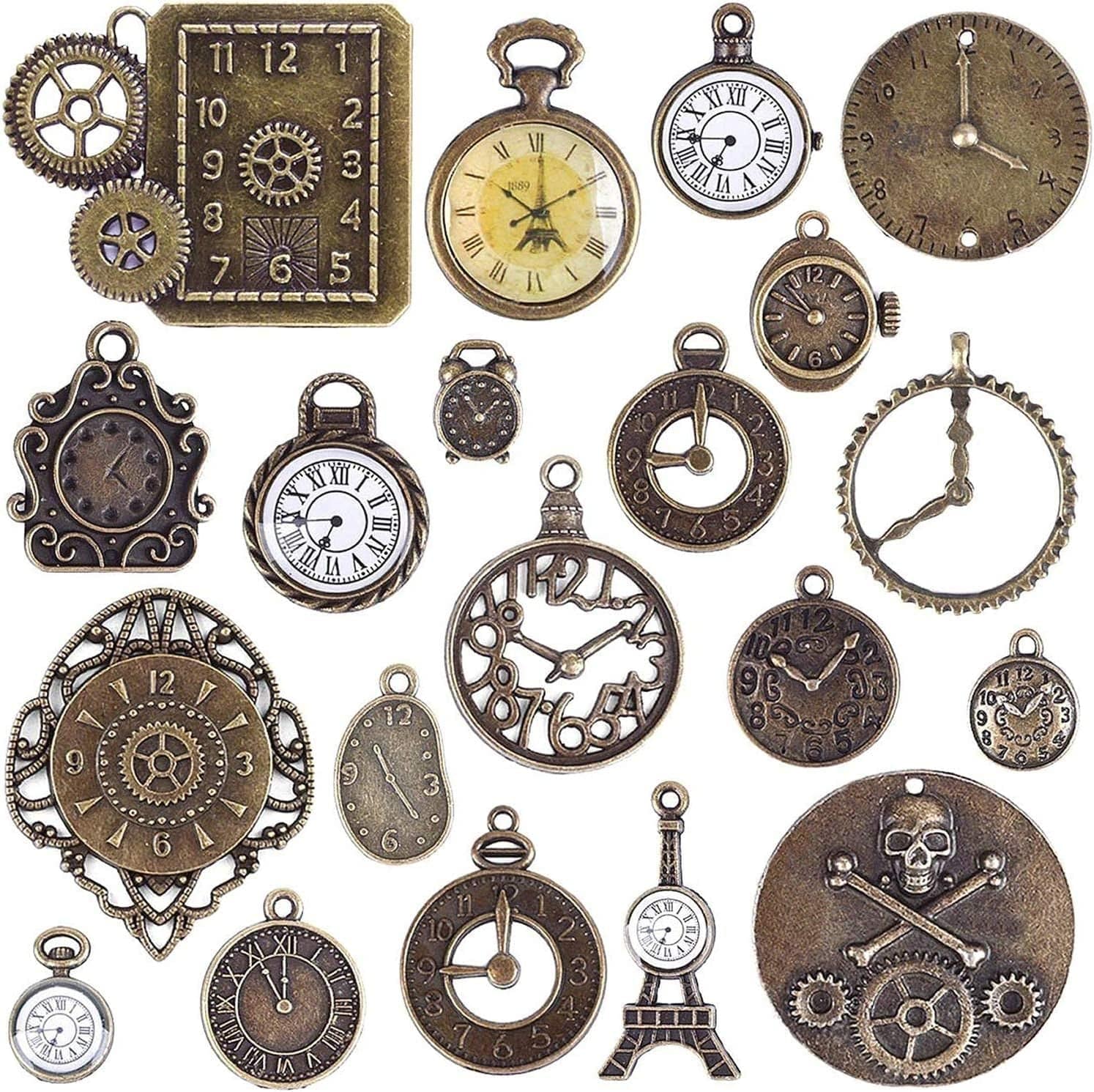 Bronagrand 20Pcs Mixed Antiqued Bronze Charms Clock Face Charm Pendant, DIY Crafts, Gears, Jewelry Making, Steampunk Pendants style1