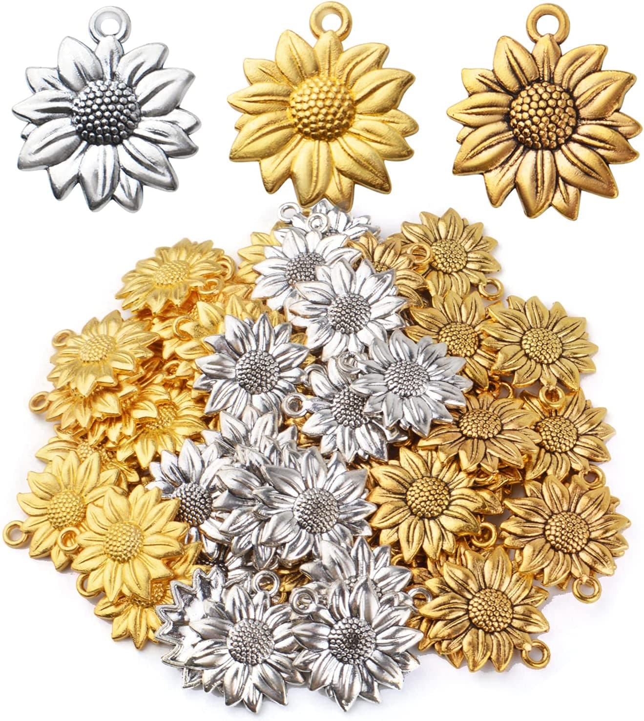 Bronagrand 60Pcs Sunflower Charms Pendants Alloy Vintage Flower Dangle Charms for DIY Earrings Necklace Bracelet Jewelry Making, Antique Silver 3 colors(gold,antique gold,antique silver)
