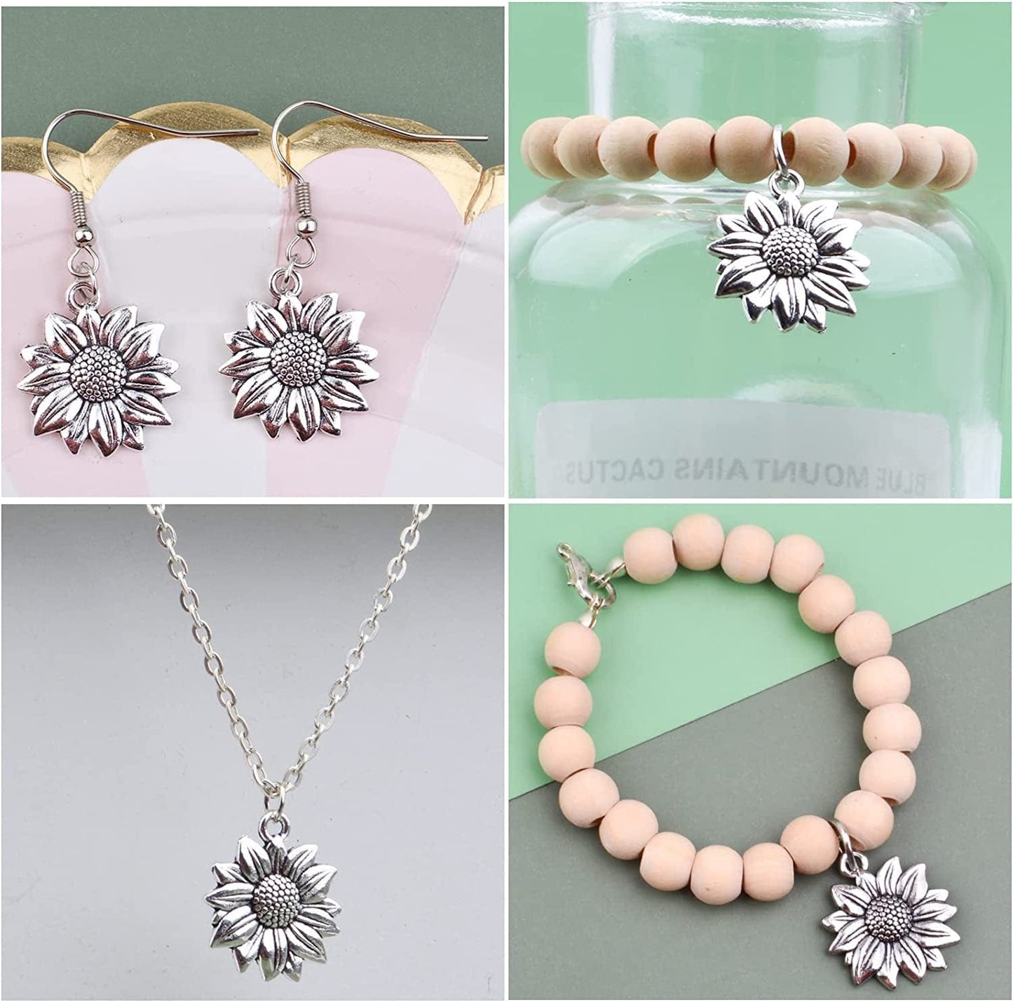 Bronagrand 60Pcs Sunflower Charms Pendants Alloy Vintage Flower Dangle Charms for DIY Earrings Necklace Bracelet Jewelry Making, Antique Silver